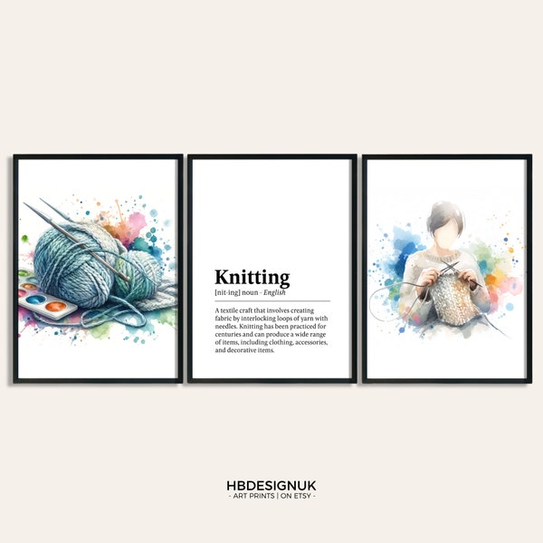 Knitting Print Poster Set - Set of 3 Knitting Posters | Watercolour Art Painting | Knitters Decoration Decor | Hobby Gifts | Knitter Gift