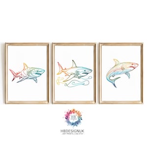Colourful Shark Line Art Set of 3 | Fun Ocean Animal Wall Prints | A4 A3 Unframed Decor | Gift for Marine Life or Shark Lovers