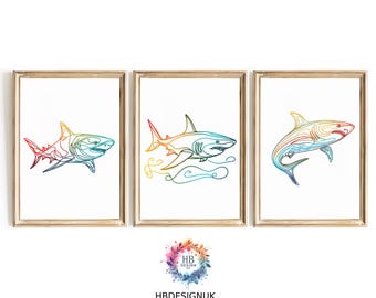 Colourful Shark Line Art Set of 3 | Fun Ocean Animal Wall Prints | A4 A3 Unframed Decor | Gift for Marine Life or Shark Lovers