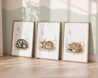 Sleeping Woodland Animal Print Set of 3 - Kids Nursery Wall Art, Neutral Bedroom Decor