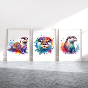 Otter Poster Print Set - Set of 3 Watercolour Prints | Wall Hanging Decor | Animal Wall Art | Wildlife Gifts | Otters Artwork | Colourful
