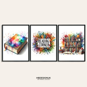 Pode incluir: Três ilustrações coloridas de livros e uma estante. A primeira imagem mostra um livro com um design de aquarela arco-íris. A segunda imagem mostra uma estante com uma placa que diz "Canto de leitura". A terceira imagem mostra uma estante cheia de livros.