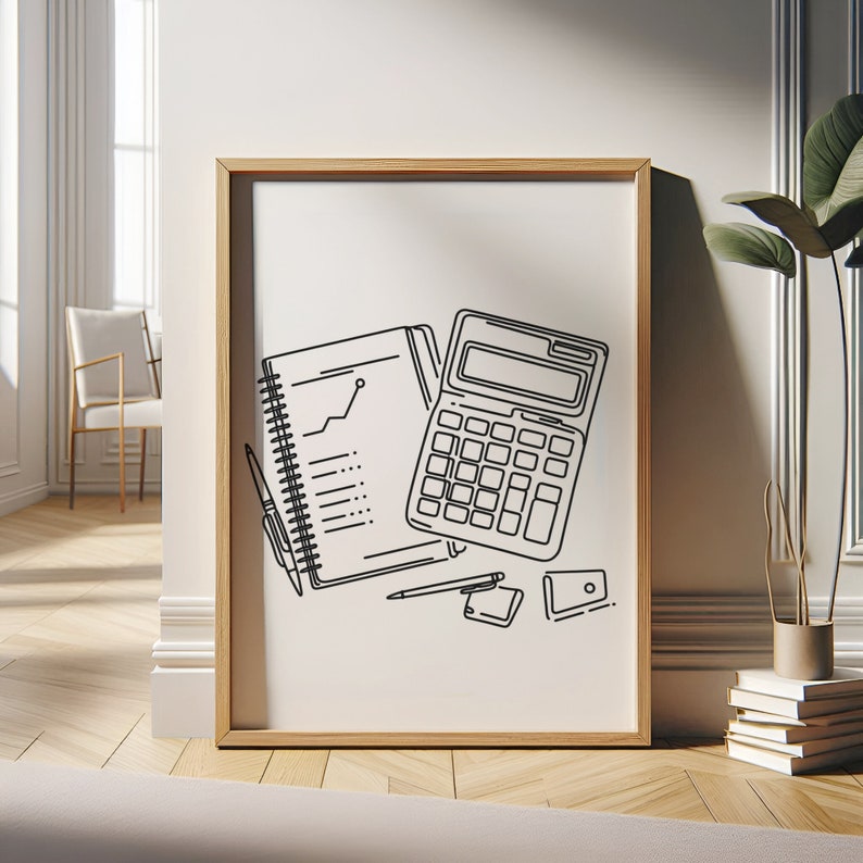 Puede incluir: Un dibujo en blanco y negro de una calculadora, una libreta espiral con una gr&aacute;fica, un bol&iacute;grafo y un peque&ntilde;o rect&aacute;ngulo. El dibujo est&aacute; sobre un fondo blanco y est&aacute; enmarcado en un marco de madera claro.