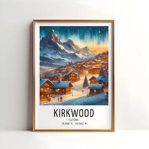 Kirkwood Ski Poster - Impression d&#39;art aquarelle | Oeuvre d&#39;art murale de voyage | Cadeaux de ski | Décoration de ski californienne | Station de ski | Cadeau snowboard