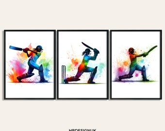 Girls Cricket Wall Art - Set of 3 Cricket Poster Prints | Pink Watercolour Cricket Wall Art | Gift for Cricket Lover | Women Print Artwork