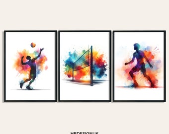 Mens Volleyball Print Set - Set of 3 Volley Ball Prints | Boy Gifts | Watercolour Painting | Wall Art | Volleyball Decor Poster Artwork