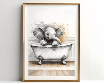 Imprimé éléphant pour salle de bain - Poster animal pour la baignoire | Décoration murale pour salle de bain | Baignoire vintage | Impression aquarelle de salle de bains | Oeuvres d'art animaux pour enfants