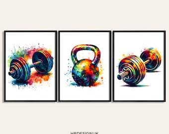 Impresión de arte de pared para gimnasio: juego de 3 carteles de gimnasio, diseño de acuarela, decoración con mancuernas, imágenes de arte de pared de fitness, ilustraciones de gimnasio para el hogar con pesas rusas