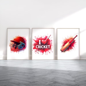 Red Cricket Print Set - 3 Cricket Posters | Watercolour Cricket Wall Art | Gift for Cricket Lover | Cricket Room Artwork | Boys Decor