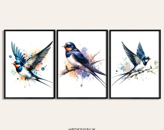 Swallow Print Bird Poster - Set of 3 Pictures | Swallow Print Set | Watercolour Posters | Watercolor Gifts | Decor Prints | Animal Wall Art
