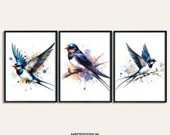 Swallow Print Bird Poster - Set of 3 Pictures | Swallow Print Set | Watercolour Posters | Watercolor Gifts | Decor Prints | Animal Wall Art