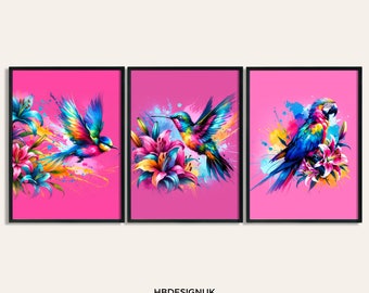 Exotic Tropical Bird Print Set - 3 Posters | Pink Watercolour Design | Bird With Flowers | Living Room Wall Art | Home Gifts | Jungle Decor