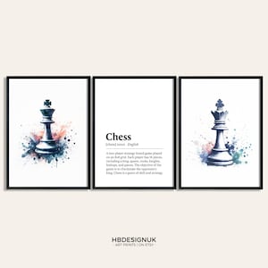 Chess Print Set - Set of 3 Chess Posters | Chess Player Gift | Watercolour Prints | Home Decor Print | King and Queen Wall Art | Definiton