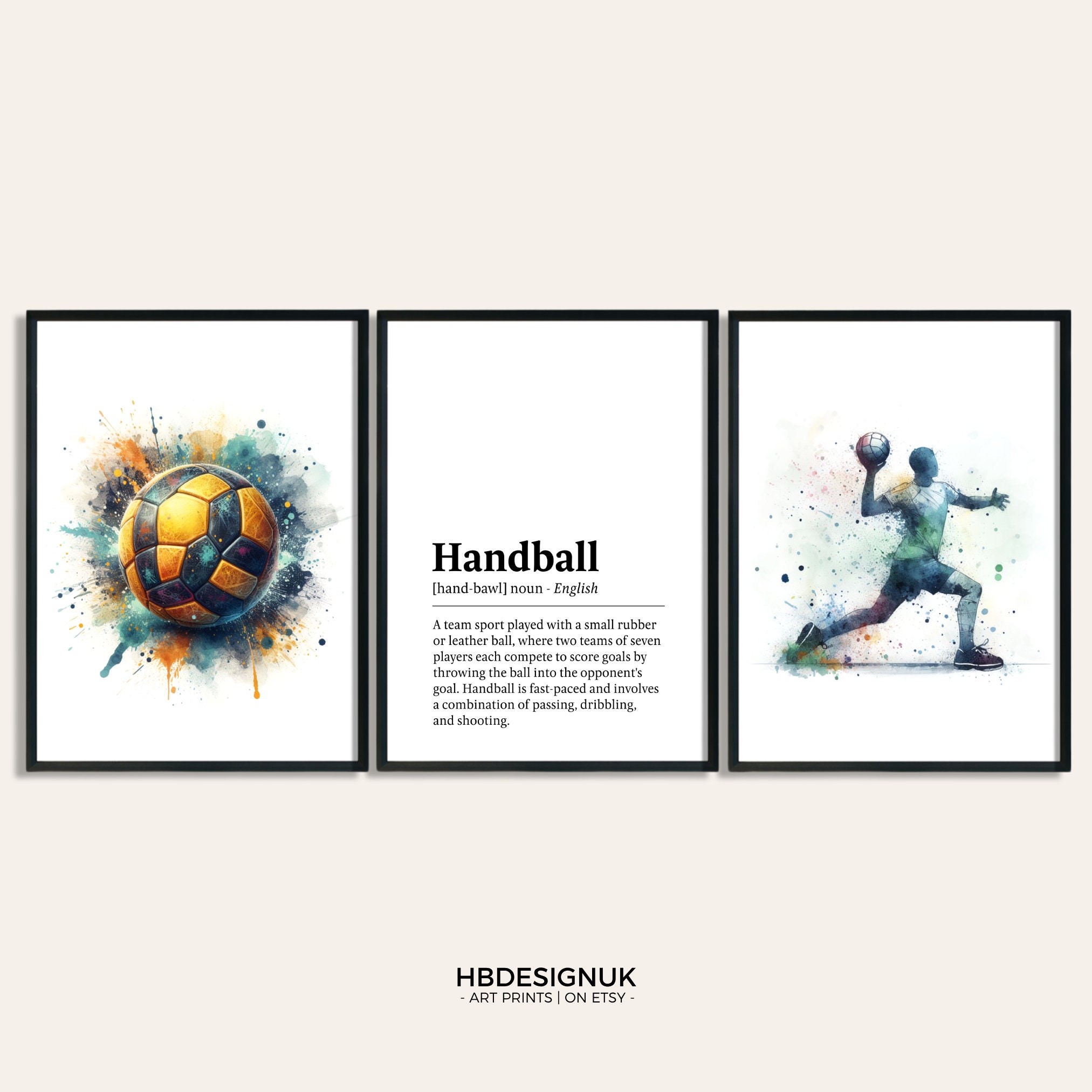 Handball Print Poster Set - Set of 3 Handball Posters | Watercolour Art Painting | Decoration Decor | Sport Wall Art Gifts | Artwork