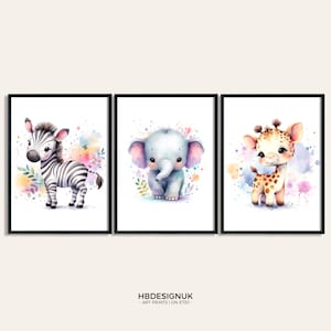 Safari Nursery Print Set - Set of 3 Posters | Jungle Animal Nursery Theme | Boys Girls Room | Giraffe, Zebra, Elephant | Playroom Wall Art
