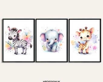 Safari Nursery Print Set - Set of 3 Posters | Jungle Animal Nursery Theme | Boys Girls Room | Giraffe, Zebra, Elephant | Playroom Wall Art