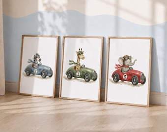 Animals In Vehicles Nursery Prints - Kids Car Set of 3 Poster, Boys Transport Bedroom