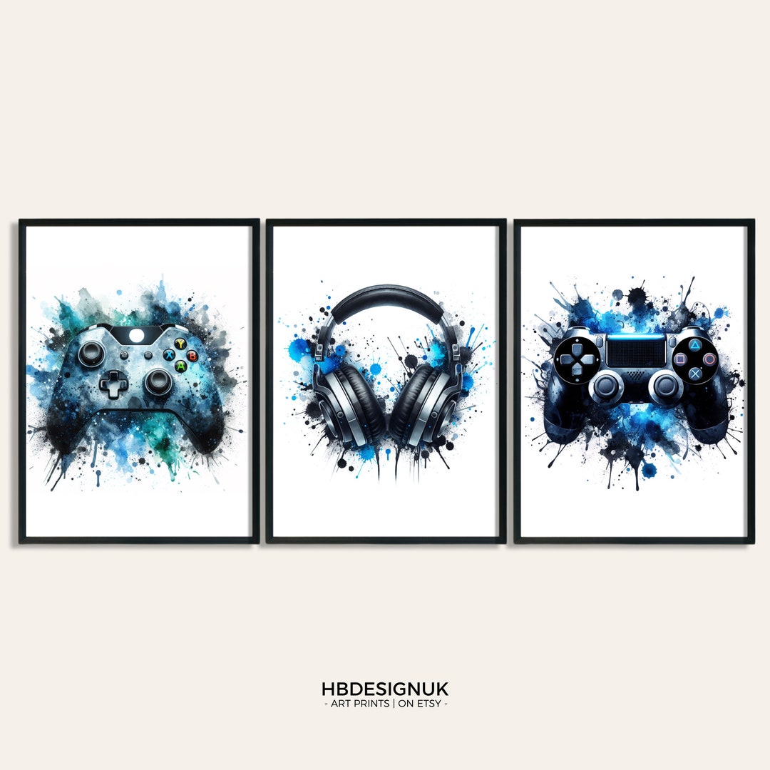 Blue Gaming Poster Prints Set of 3 Gamer Prints Game Boys Bedroom Decor