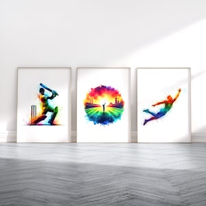 Cricket Wall Art Set - 3 Cricket Prints | Colourful Watercolour Cricket Poster | Gift for Cricket Lover | Cricket Room Artwork | Boys Decor