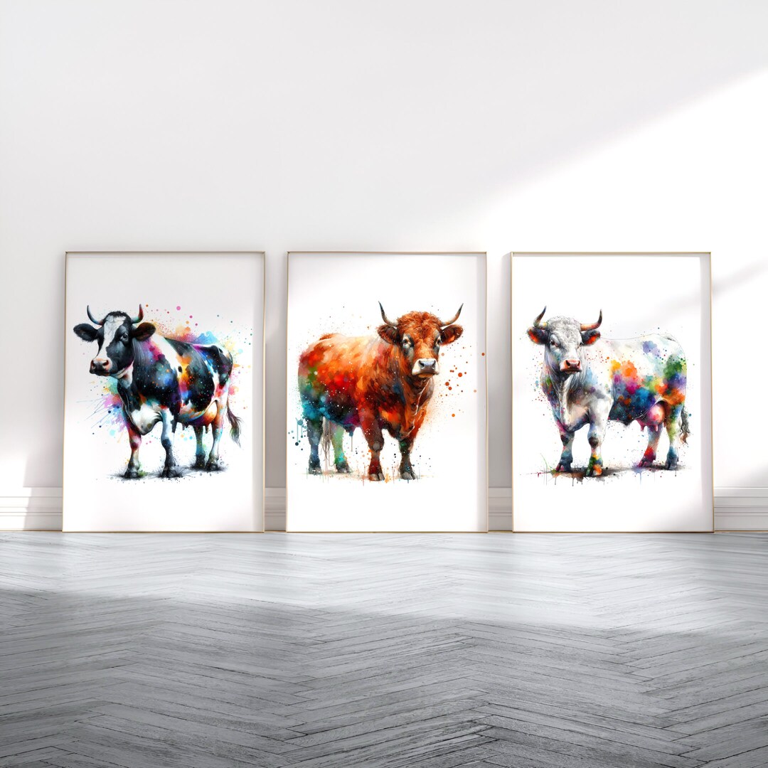 Cow Poster Print Set Set of 3 Watercolour Cow Prints Wall Hanging Home ...