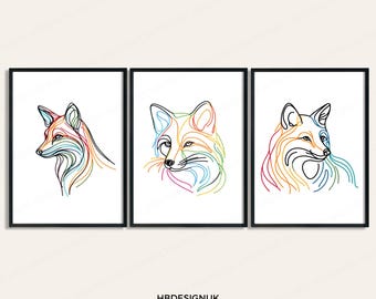 Funky Fox Print Set - Colourful Prints | Foxes Artwork | Vibrant Portrait Decor | Line Drawing Poster Design | Minimal Abstract Sketch