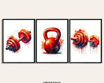 Dumbell Poster - Set of 3 Gym Posters | Workout Watercolor Design | Dumbbell Print | Fitness Wall Art Pictures | Kettlebell Home Gym Artwork
