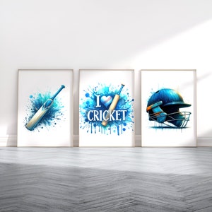 Cricket Print Set - 3 Cricket Posters | Blue Watercolour Cricket Wall Art | Gift for Cricket Lover | Cricket Room Artwork | Boys Decor