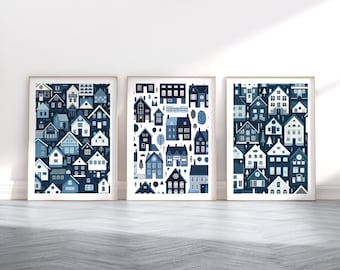 Conjunto de impresiones de casas escandinavas: 3 pósteres de estilo escandinavo, ilustraciones retro, diseño escandinavo, decoración de casas en azul oscuro, arte nórdico para pared.