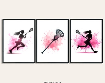 Girl Lacrosse Print Poster Set - Set of 3 Lacrosse Posters | Watercolour Art Painting | Decoration Decor | Sport Gifts | Lacrosse Player