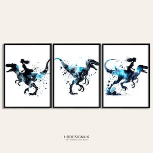 Dinosaur Wall Art - Set of 3 Watercolour Wall Prints | Blue Velociraptor Paintings Poster | Girls Room Gifts | Artwork Decor | Dinosaur Art