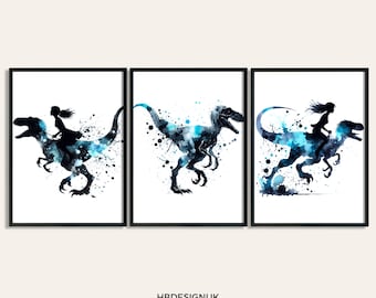 Dinosaur Wall Art - Set of 3 Watercolour Wall Prints | Blue Velociraptor Paintings Poster | Girls Room Gifts | Artwork Decor | Dinosaur Art