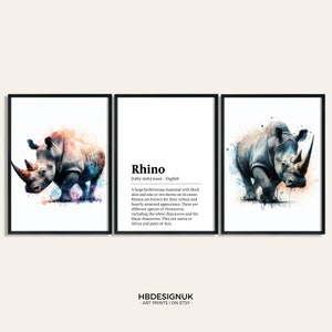 Rhino Poster Set - Set of 3 Prints | Watercolour Rhinoceros Print | Wall Hanging Decor | Animal Wall Art | Wildlife Gifts | Rhino Artwork