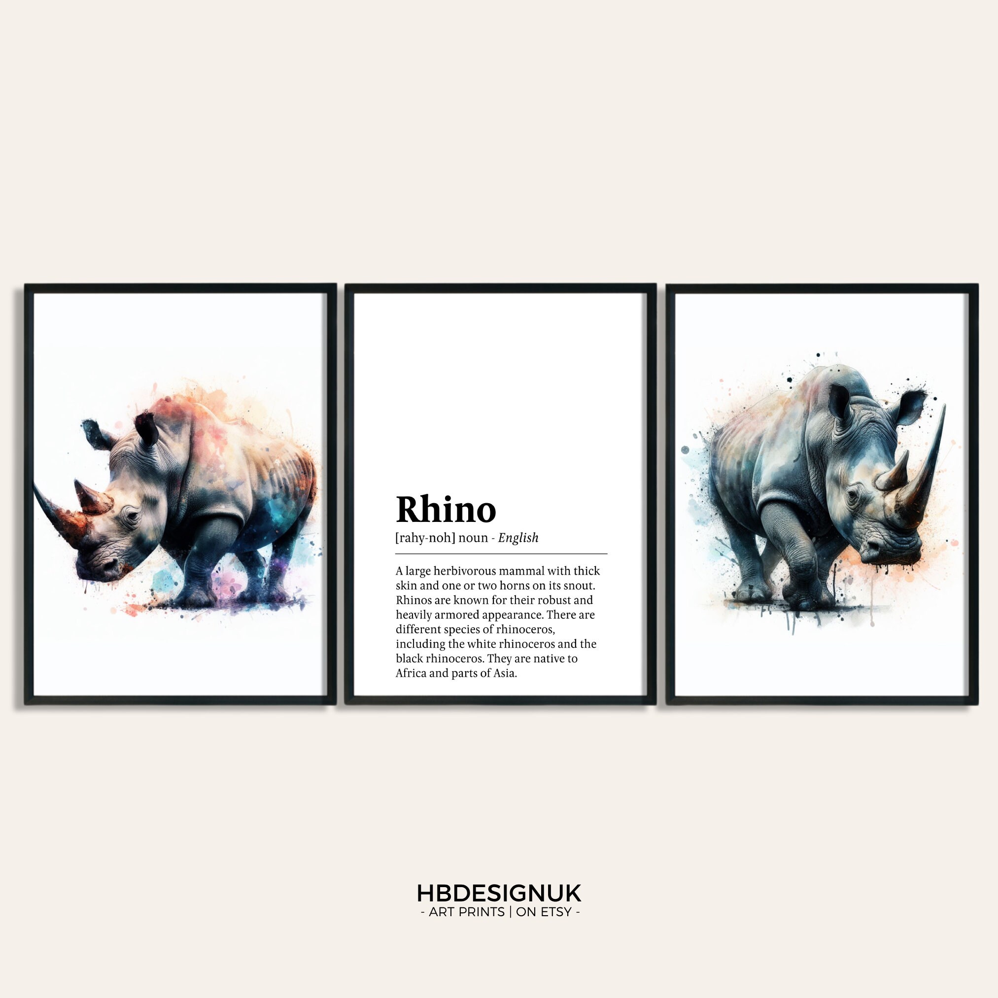 Poster Set - 3 Drucke | Aquarell Nashorn Poster | Wandbehang Dekor | Tier Wand Kunst | Wildtiere Geschenke | Nashorn Kunstwerk