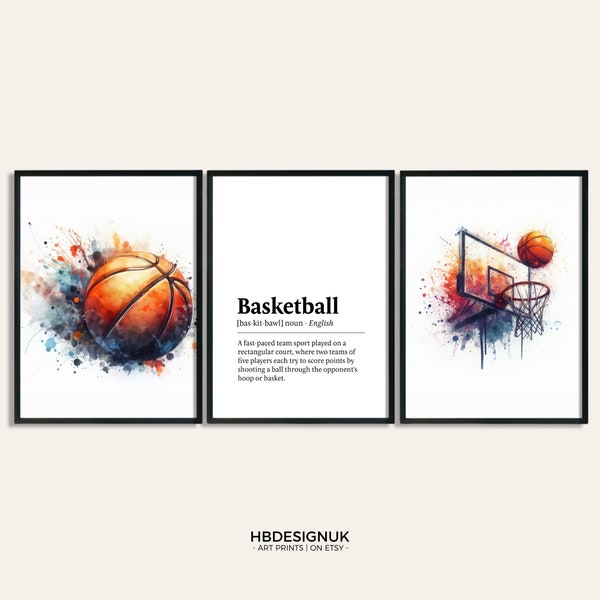 Ensemble d'impressions de basket-ball - Ensemble de 3 affiches aquarelles | Impressions artistiques de décoration de chambre d'ado | chambre garçons | Cadeaux de basket-ball | Suspension murale sportive