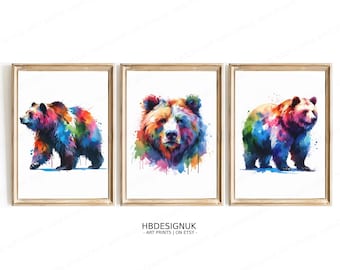 Bear Print Set - Watercolour Posters | Wildlife Painting | Grizzly Bear Wall Art | Animal Home Decor | Colourful Modern Bears | Artwork