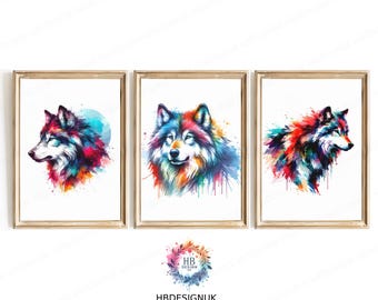 Watercolour Wolf Prints - Animal Art Print | Wolf Wall Artwork | Vibrant Wolf Decor | Colourful Watercolor Poster | Abstract Style Painting