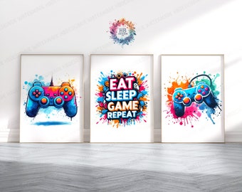 Eat Sleep Game Repeat - Set of 3 Gamer Prints | Game Teen Boys Bedroom Decor | Gift Poster | Gaming Room Decor | Video Game Wall Art Print