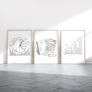 Accountant Poster Set - 3 Office Posters | Accounting Gift | Bookkeeper Wall Art | Finance Team Decor | Work From Home Line Drawing Artwork