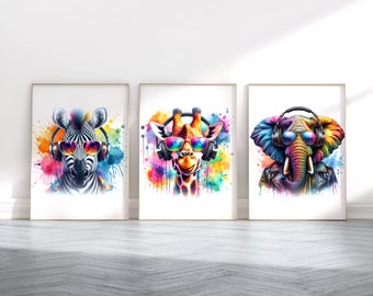 Arte de pared con diseño de animales para videojuegos: juego de 3 impresiones de jugadores, decoración de dormitorio de niños, videojuegos, decoración de sala de juegos, póster de jugador, obra de arte