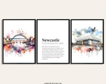 Newcastle Print Set - Set of 3 Posters | Watercolour Tyneside Print | Wall Hanging Artwork | Wall Art | Newcastle Travel Art Decor