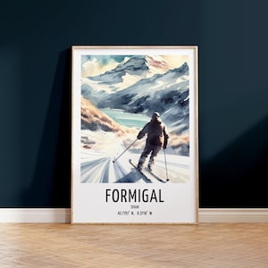 Formigal Ski Poster - Aquarell Kunstdruck | Reise Wand Kunstwerk | Skifahrer Geschenke | Spanien Pyrenäen Ski Dekor | Wintersportort | Geschenk Snowboard