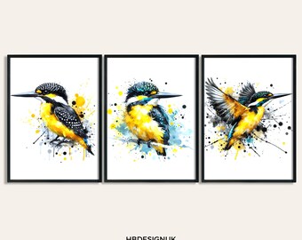 Kingfisher Art Set - 3 Yellow Prints | Watercolour Kingfishers Painting | Decor Picture | Animal Wall Poster | Wildlife Gifts | Bird Posters