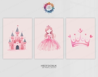 Prinsesstryck för flickor - Set med 3 posters | Prinsesstryck för barn | Väggkonst för flickrum | Barnrumsinredning | Konstverk för lekrum | Babypresenter