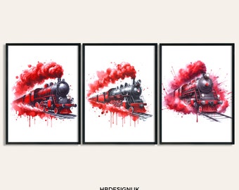 Stampe del treno rosso - 3 poster ad acquerello / Opere d'arte per la camera da letto dei ragazzi / Arte della parete della locomotiva / Opere d'arte per la decorazione della stanza / Immagini dei treni a vapore per bambini