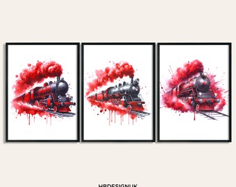 Red Train Prints - 3 Watercolour Posters | Boys Bedroom Artwork | Locomotive Wall Art | Room Decor Artwork | Kids Steam Trains Pictures