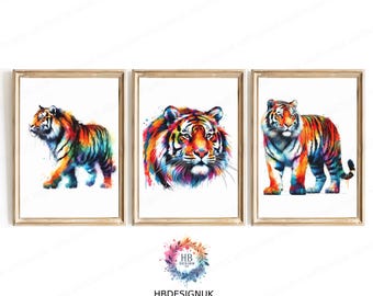 Aquarel tijgerprint set - kleurrijke dierenprint | Safaridierencadeau | Tijger schilderij | Abstracte poster | Tijgerkopkunstwerk | Muurkunst