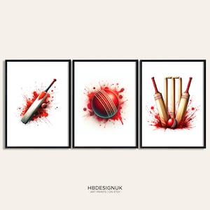 Cricket Wall Art - Set of 3 Cricket Poster Prints | Red Watercolour Cricket Wall Art | Gift for Cricketer | Cricket Artwork | Boys Room