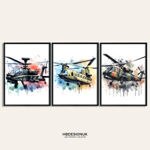 Helicopter Print Set - 3 Watercolour Posters | Boys Bedroom Artwork | Aircraft Wall Art Prints | Room Decor for Kids | Aviation Pictures
