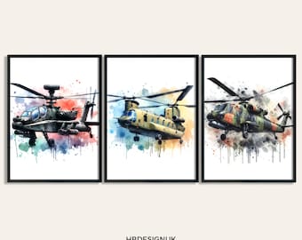 Helicopter Print Set - 3 Watercolour Posters | Boys Bedroom Artwork | Aircraft Wall Art Prints | Room Decor for Kids | Aviation Pictures