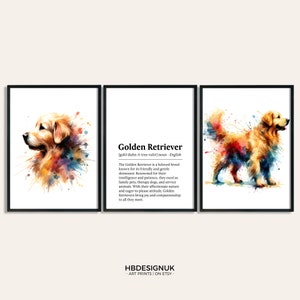 Golden Retriever Dog Prints - Set of 3 Posters | Watercolour Definition Wall Art | Colourful Painting | Room Decor | Dogs Artwork Gift | Pet